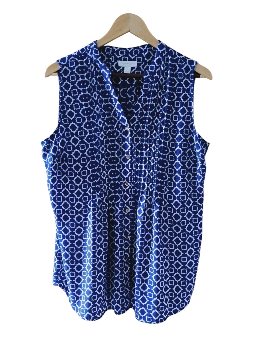 Charter Club Blue Geometric Pintuck Sleeveless Blouse Sz M - Picture 2 of 5